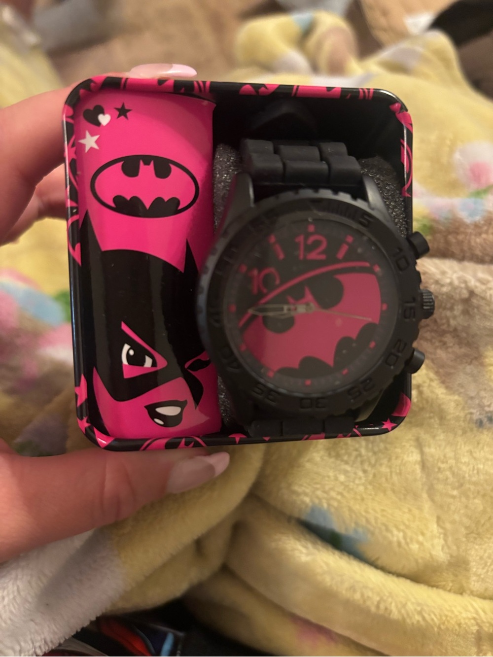 Kids Pink Batman-Style Watch and Tin Set
